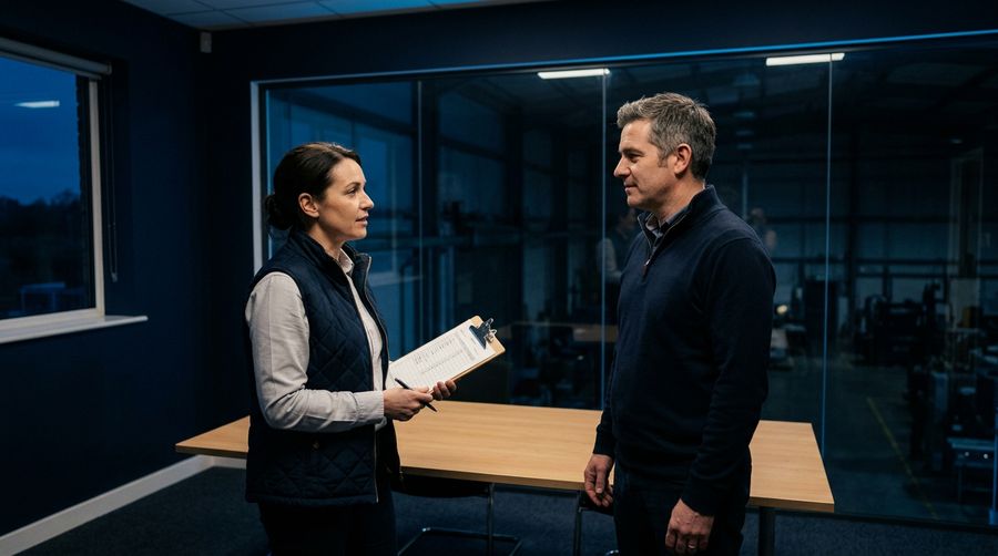 Two operations leaders reviewing a printed recovery checklist in a plant office before dawn with the production floor visible behind glass.