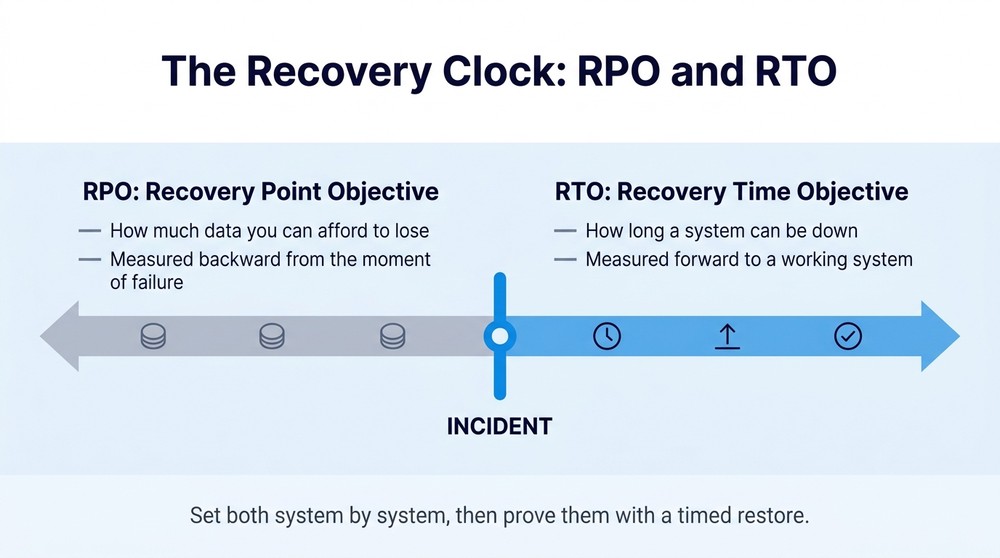 Timeline infographic showing recovery point objective measured backward from an incident and recovery time objective measured forward to a restored system.