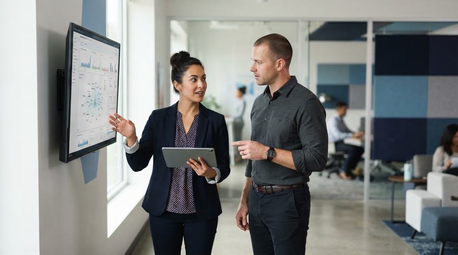 In-house IT staff and an external partner reviewing a dashboard together under a co-managed model