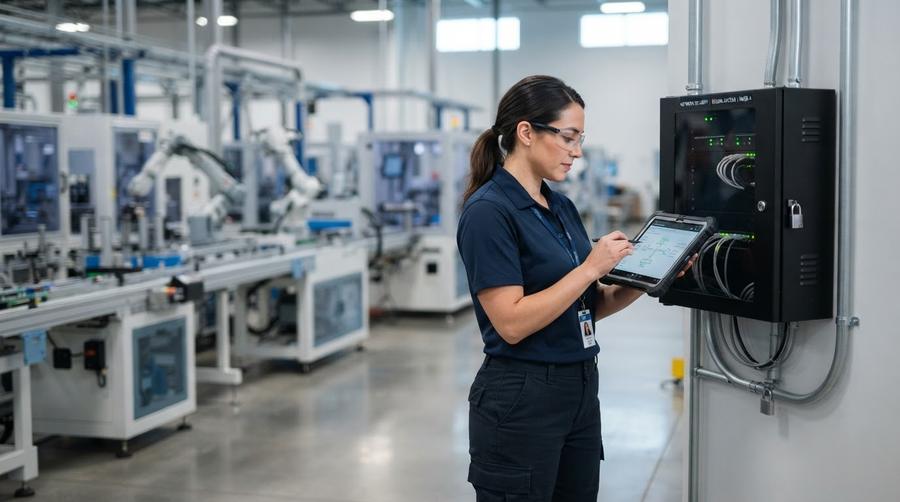 A technician checking a secured network panel in a manufacturing facility supported by co-managed IT