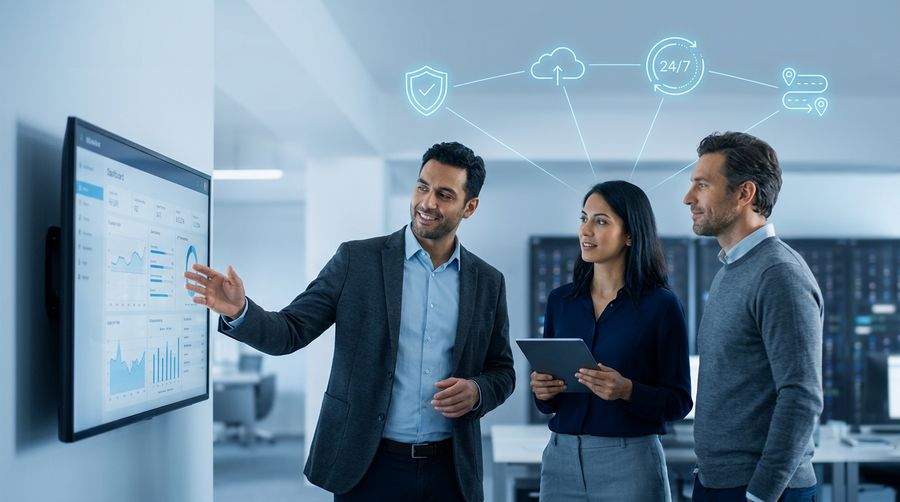 A small internal IT team reviewing a dashboard while an azure overlay of security, cloud, monitoring, and strategy icons extends their reach, illustrating co-managed IT services