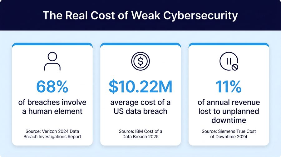 Three sourced statistics on the cost of weak cybersecurity: 68 percent of breaches involve a human element (Verizon), a 10.22 million dollar average US data breach (IBM), and 11 percent of annual revenue lost to unplanned downtime (Siemens)