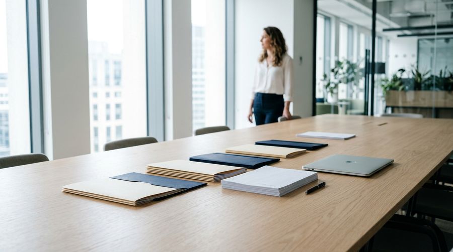 Organized folders and printed reports laid out on a bright conference table, with a professional standing calmly in the background.