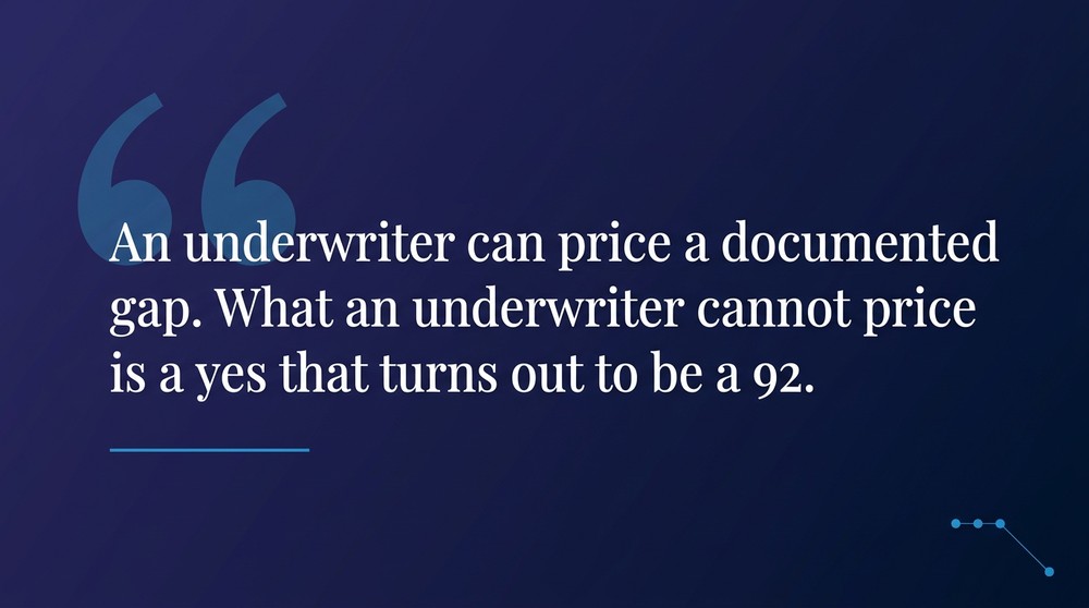 Pull quote reading that an underwriter can price a documented gap but cannot price a yes that turns out to be a 92.