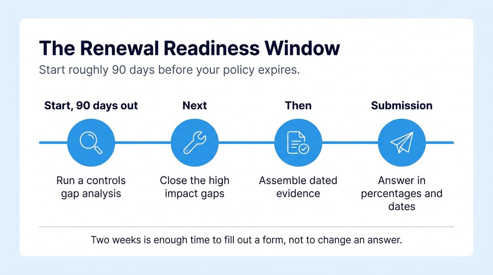 Four step timeline showing a gap analysis 90 days out, closing gaps, assembling evidence, and submitting the application.