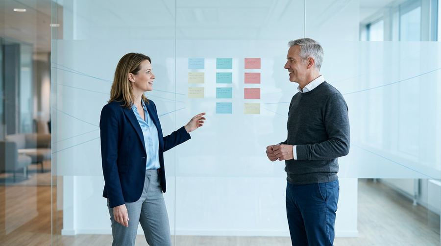Two business leaders reviewing prioritized findings on a glass wall during a cybersecurity risk assessment planning session.