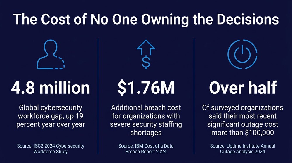 Key statistics infographic showing the cybersecurity workforce gap, added breach cost from understaffing, and the cost of major outages.