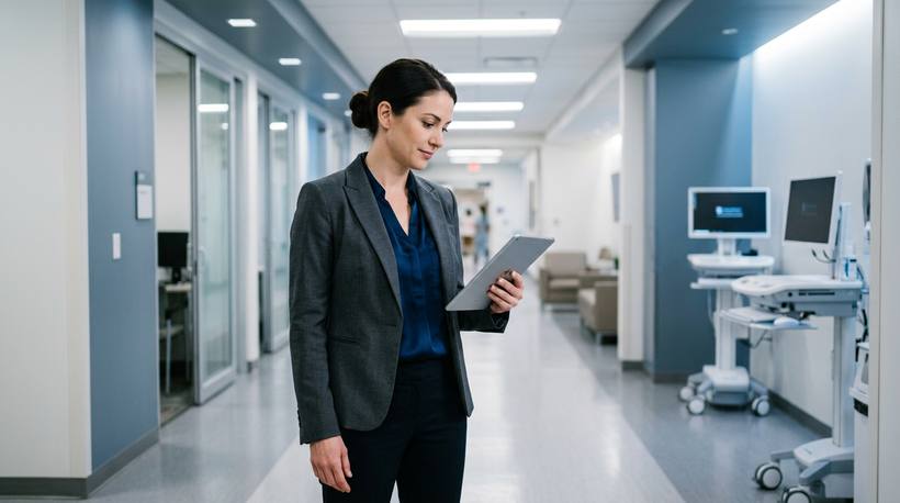 A security consultant reviewing a tablet in a clean modern healthcare facility, representing compliance-aligned oversight in a regulated industry
