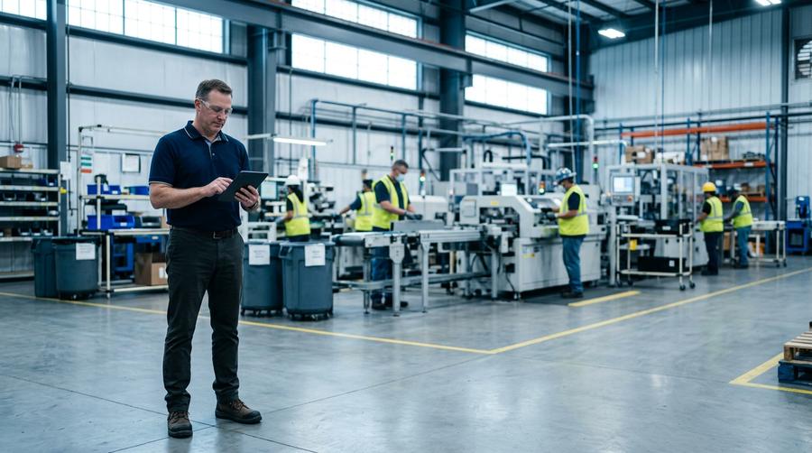 An IT professional reviewing a tablet on an active manufacturing floor, representing the local, onsite presence a Michigan managed service provider brings