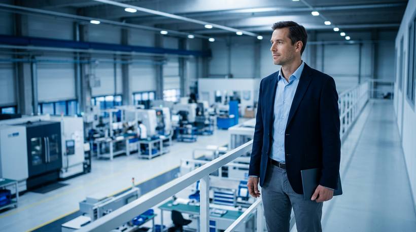 A professional on a walkway observing an orderly manufacturing floor while reviewing a tablet, representing security oversight in a regulated environment
