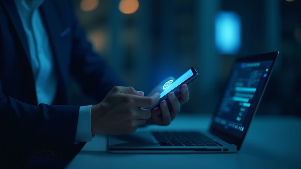 A professional signing in with multi-factor authentication on a laptop and smartphone, representing identity as the security perimeter