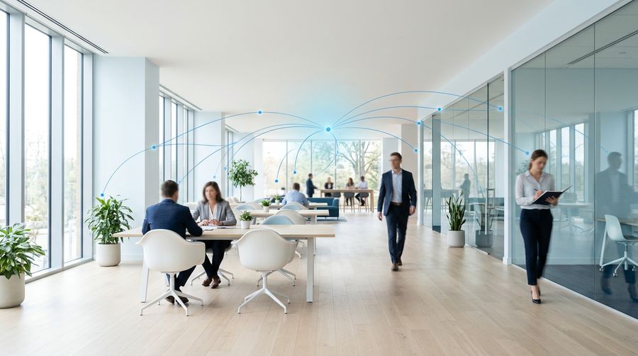 Bright modern office with a subtle azure network overlay linking people and devices across a connected Microsoft 365 environment