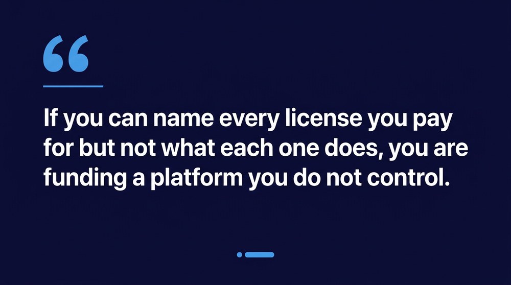 Pull quote: if you can name every license you pay for but not what each one does, you are funding a platform you do not control