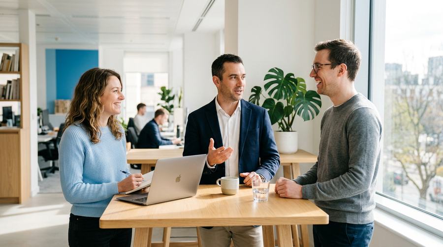 A small team collaborating productively in a bright modern workplace with laptops and natural light, engaged and at ease