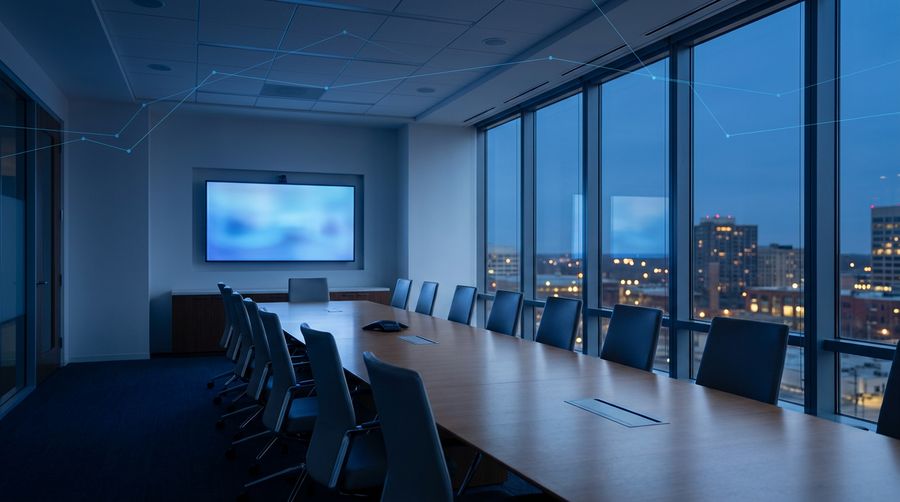 Empty modern boardroom at dusk with a subtle azure network overlay, representing a Microsoft 365 security assessment before a decision.