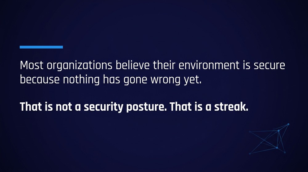 Pull quote reading that believing an environment is secure because nothing has gone wrong is a streak, not a security posture.