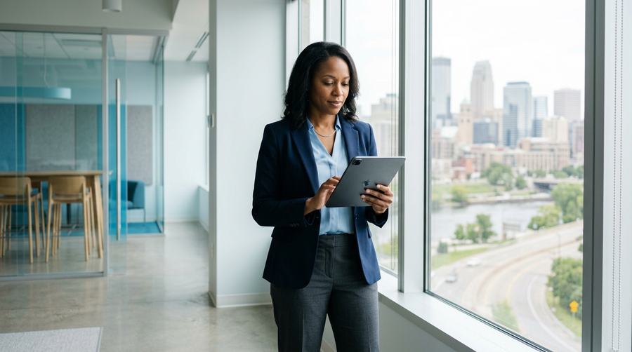 A composed IT and compliance leader reviewing security posture on a tablet in a bright modern office, a Midwest skyline behind