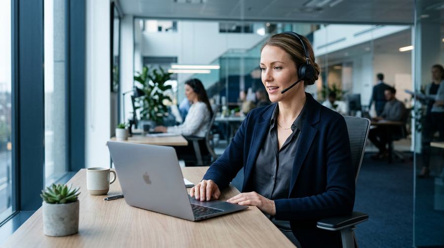 A professional on a headset call at a laptop in a modern office, representing business voice running inside Teams for a hybrid workforce