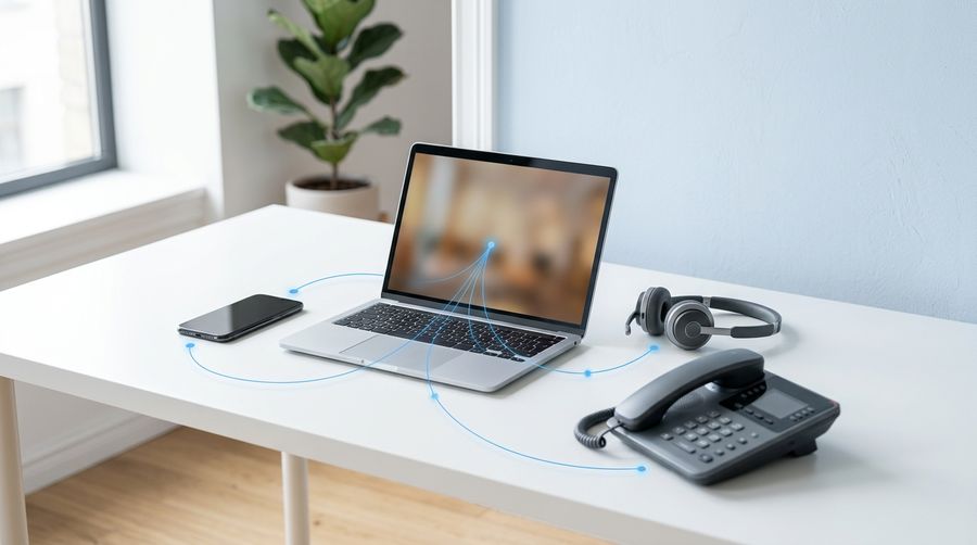 A tidy modern workspace with a laptop, headset, smartphone, and desk phone linked by glowing azure lines, representing business communications unified into Microsoft Teams Phone