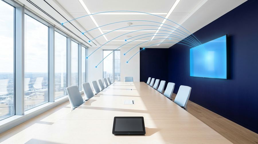 Bright daylit conference room with a deep navy display wall and an azure network overlay arcing from the screen toward each seat.