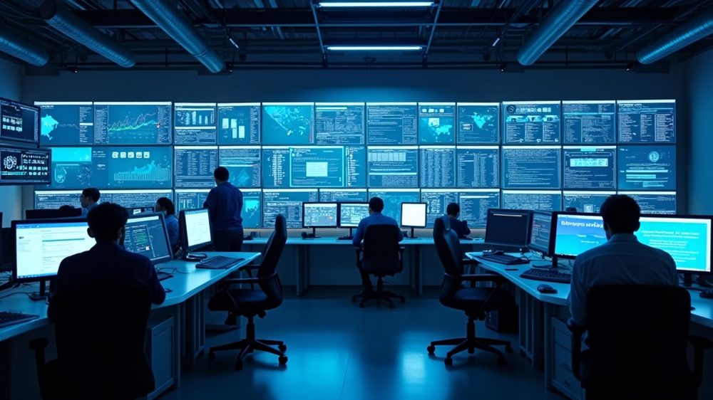 A managed IT network operations center where technicians monitor network health and security dashboards, representing proactive risk management