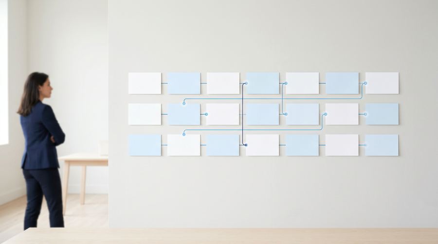 Professional reviewing a structured multi-year technology roadmap on a planning wall with a subtle connective overlay.
