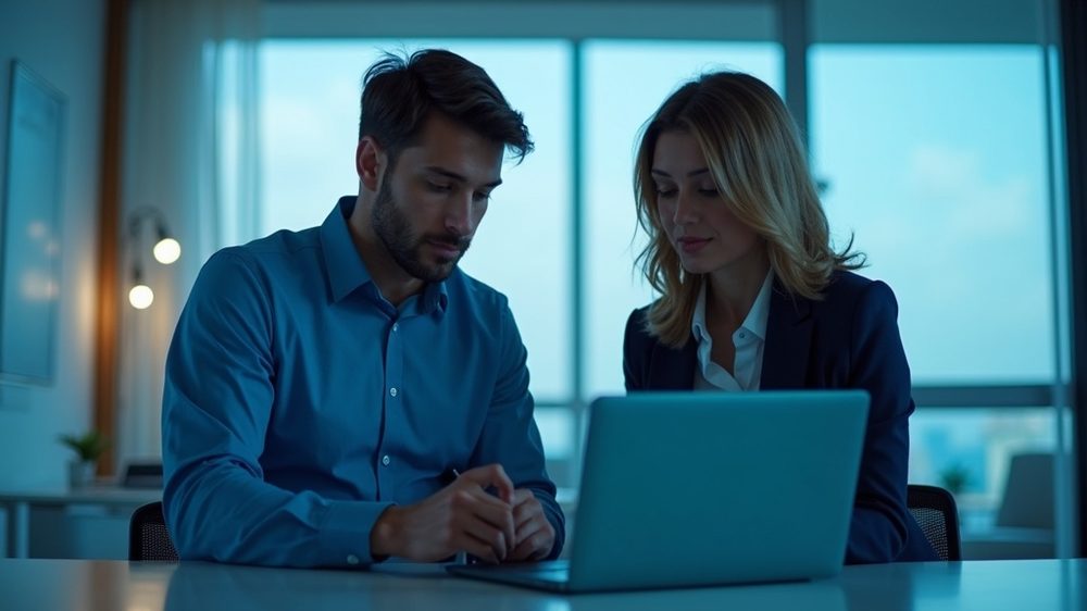 Two IT professionals reviewing an IT performance report together in a modern office, representing a proactive managed IT partnership