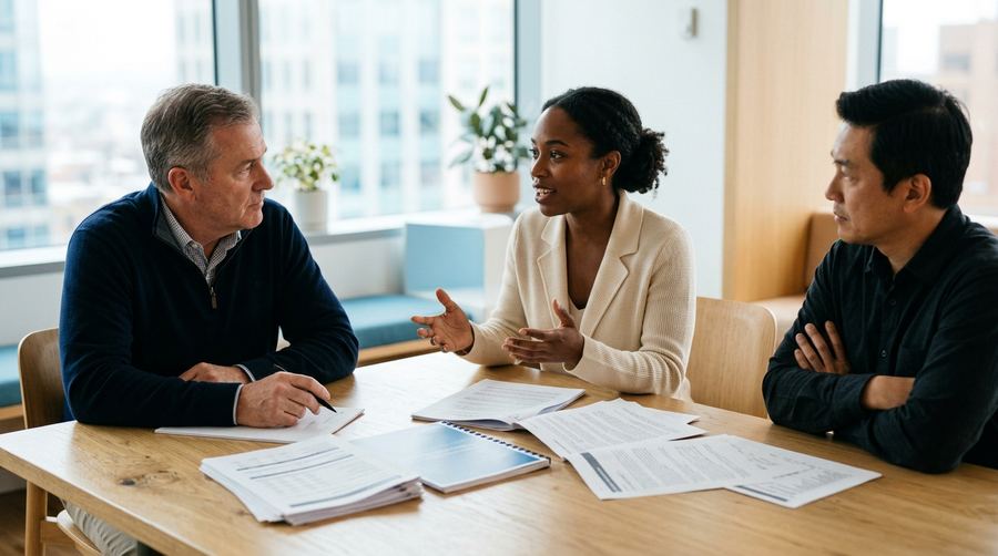 Three business leaders reviewing printed security assessment findings together around a conference table.