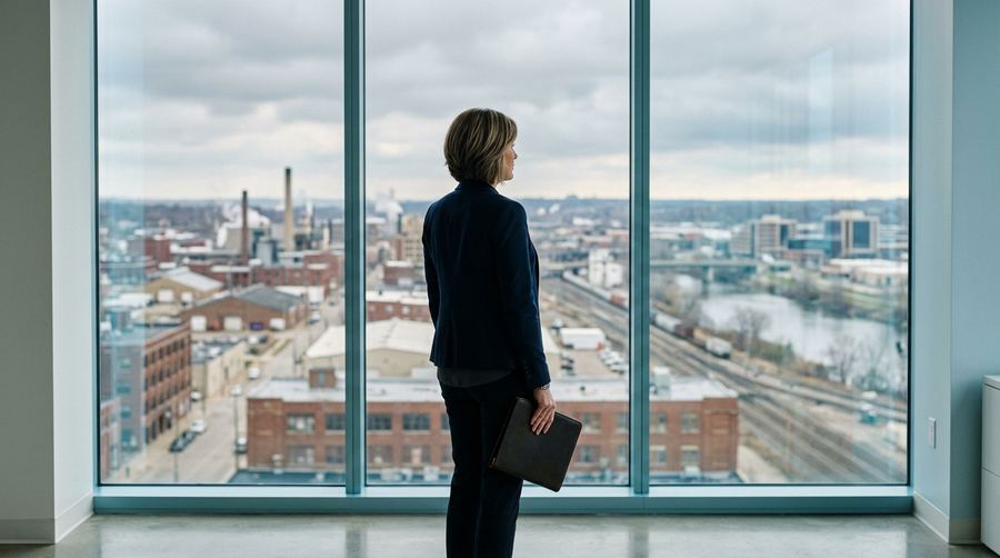A business leader at an office window overlooking a Midwestern skyline after reviewing security assessment results.