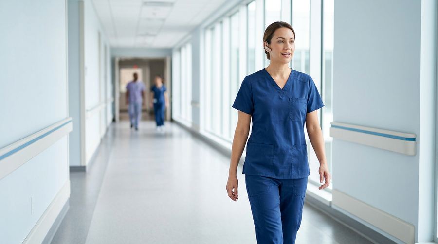 Clinician walking a bright clinic corridor while taking a call through a wireless earpiece on a Microsoft Teams Phone system