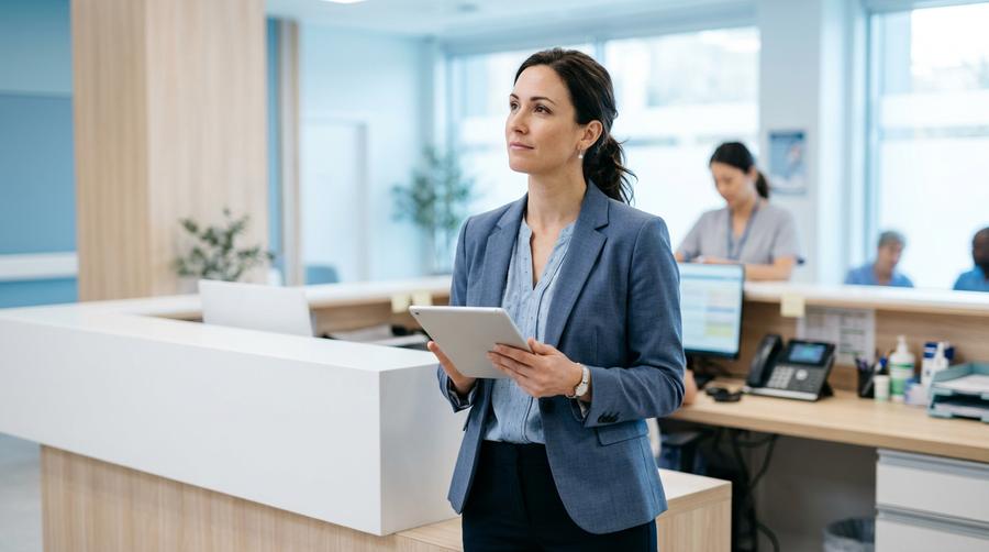 A healthcare administrator reviewing a tablet at a clinic reception station, representing compliant business voice in a regulated environment