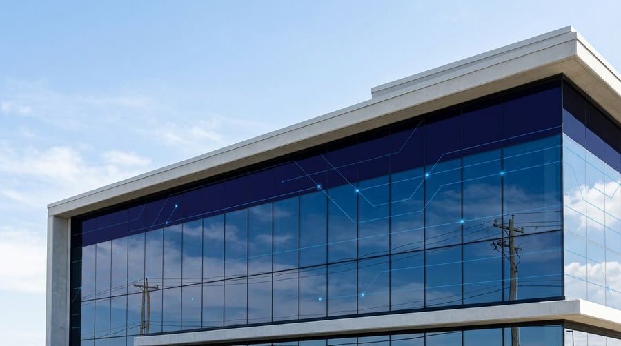 Modern office building with a deep navy glass facade in daylight, azure connective lines tracing across the glass, representing a Microsoft Teams Phone system replacing a traditional business phone system