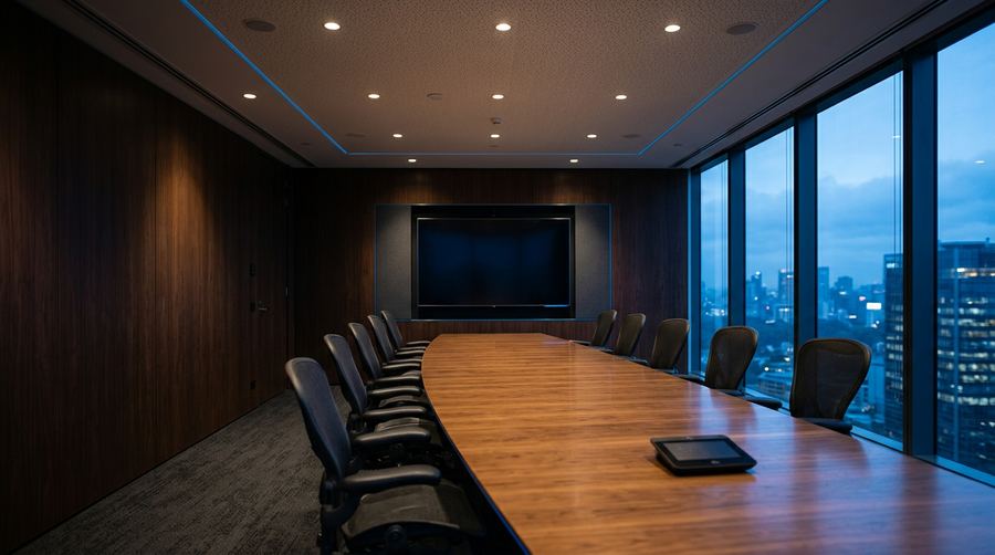 Empty modern boardroom at dusk with clear surfaces, a dark wall display, and subtle azure accent lighting.