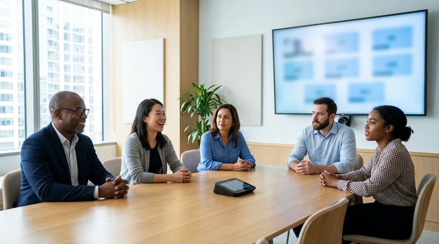 Five professionals seated around a conference table in a bright meeting room, engaged with remote participants on a wall display.