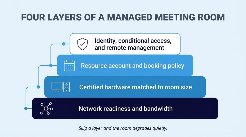 Four-layer diagram showing network readiness, certified hardware, resource account and booking policy, and identity and remote management.