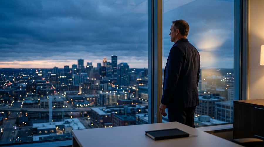 Business leader looking out over a Midwestern skyline at dusk while considering a long term technology investment plan.