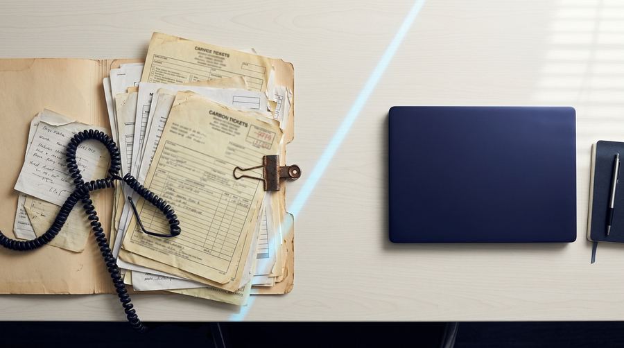 Overhead view of a desk with a messy pile of paper service tickets and a phone cord on one side and a single closed laptop on the other, showing the administrative burden of a traditional phone system