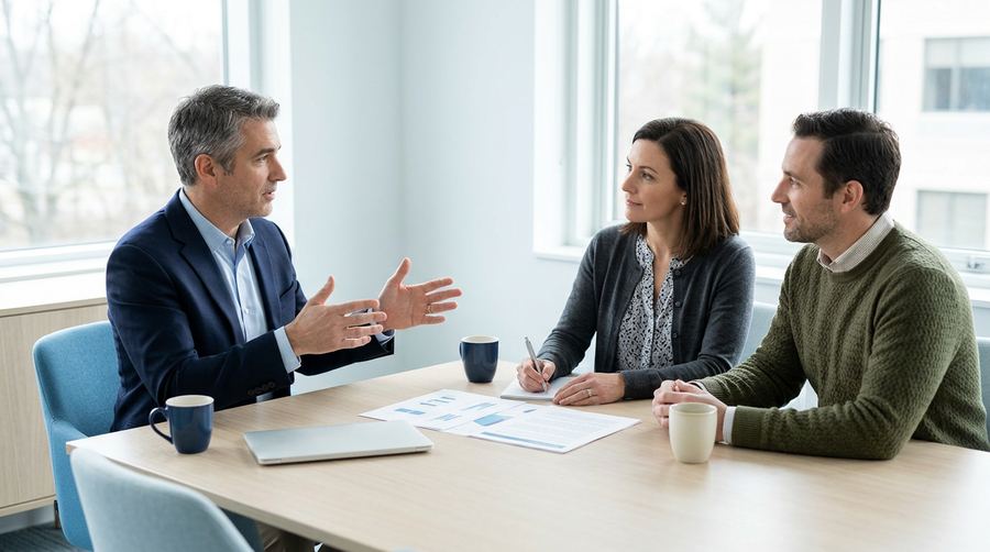Advisor and two business leaders reviewing a technology roadmap in a bright conference room during a virtual CIO planning session.