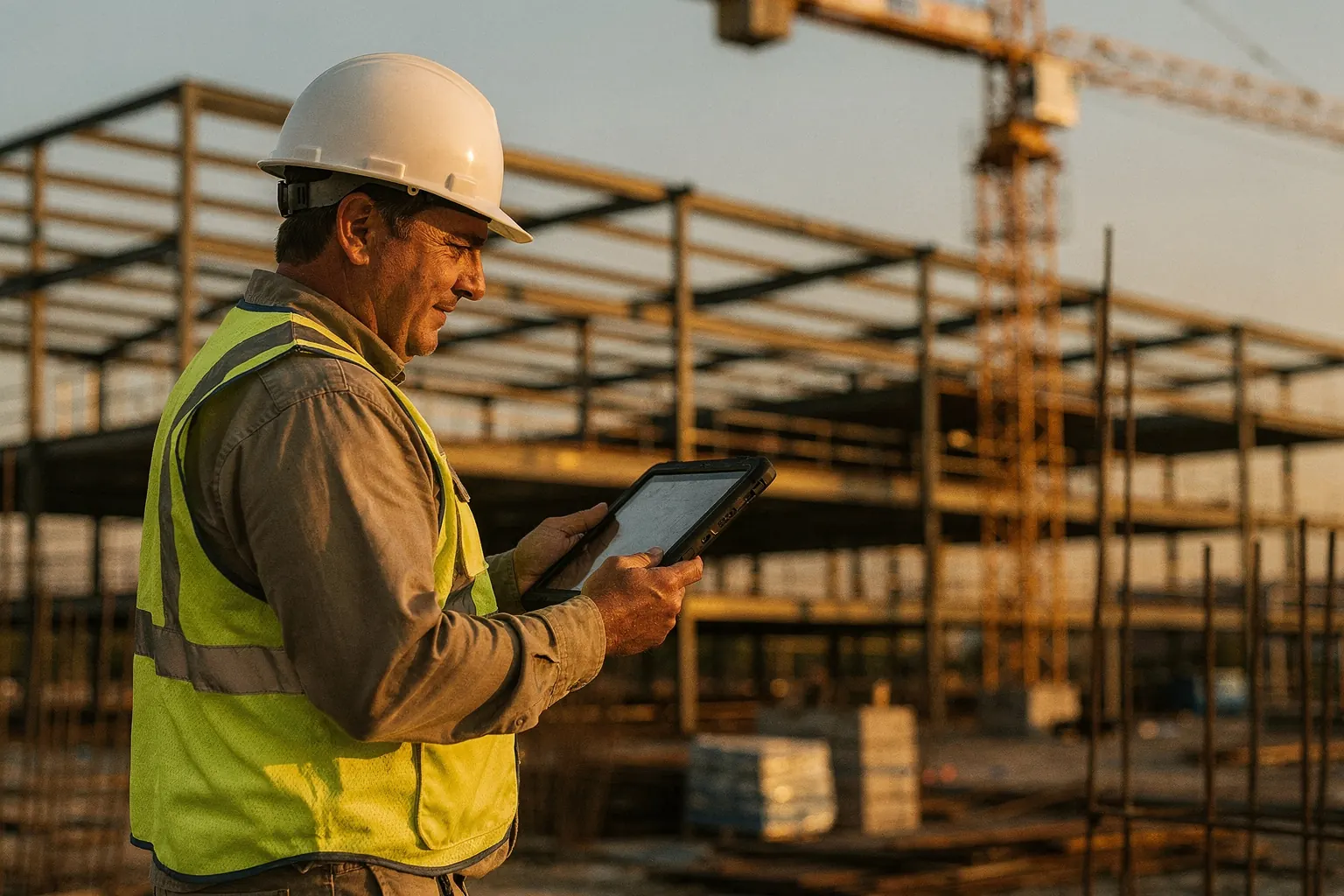 A construction superintendent checking a tablet on an active commercial jobsite at sunrise