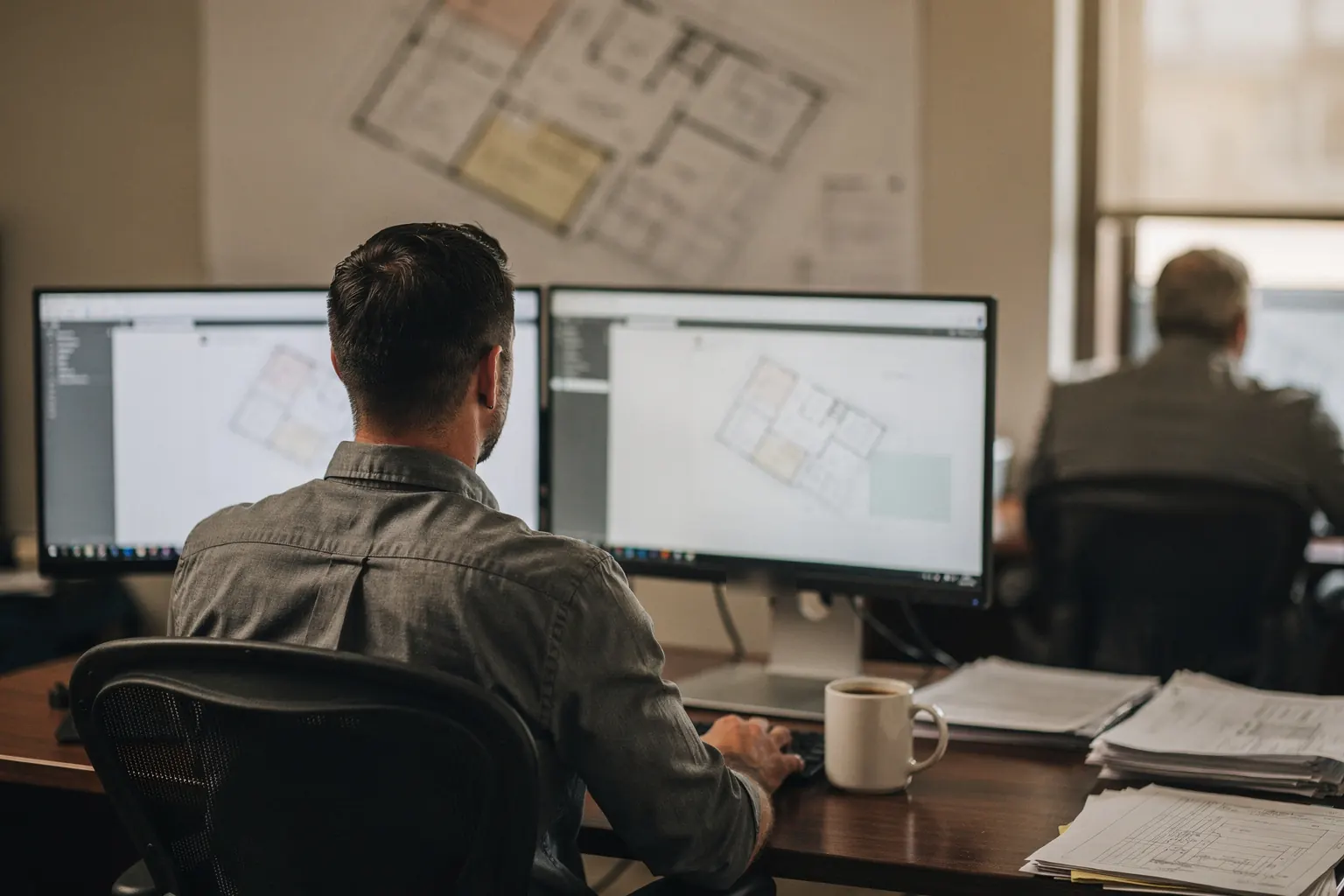 An estimator at a contractor's main office working across two large monitors