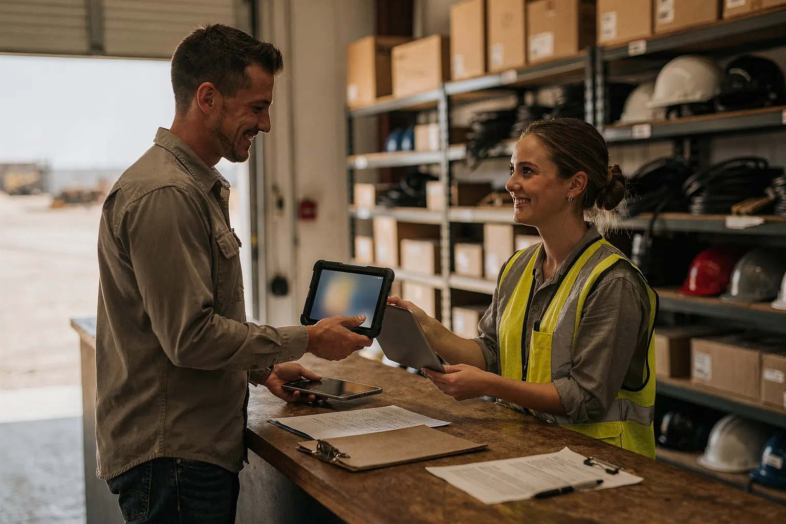 An IT technician handing a tablet and laptop to a new project engineer