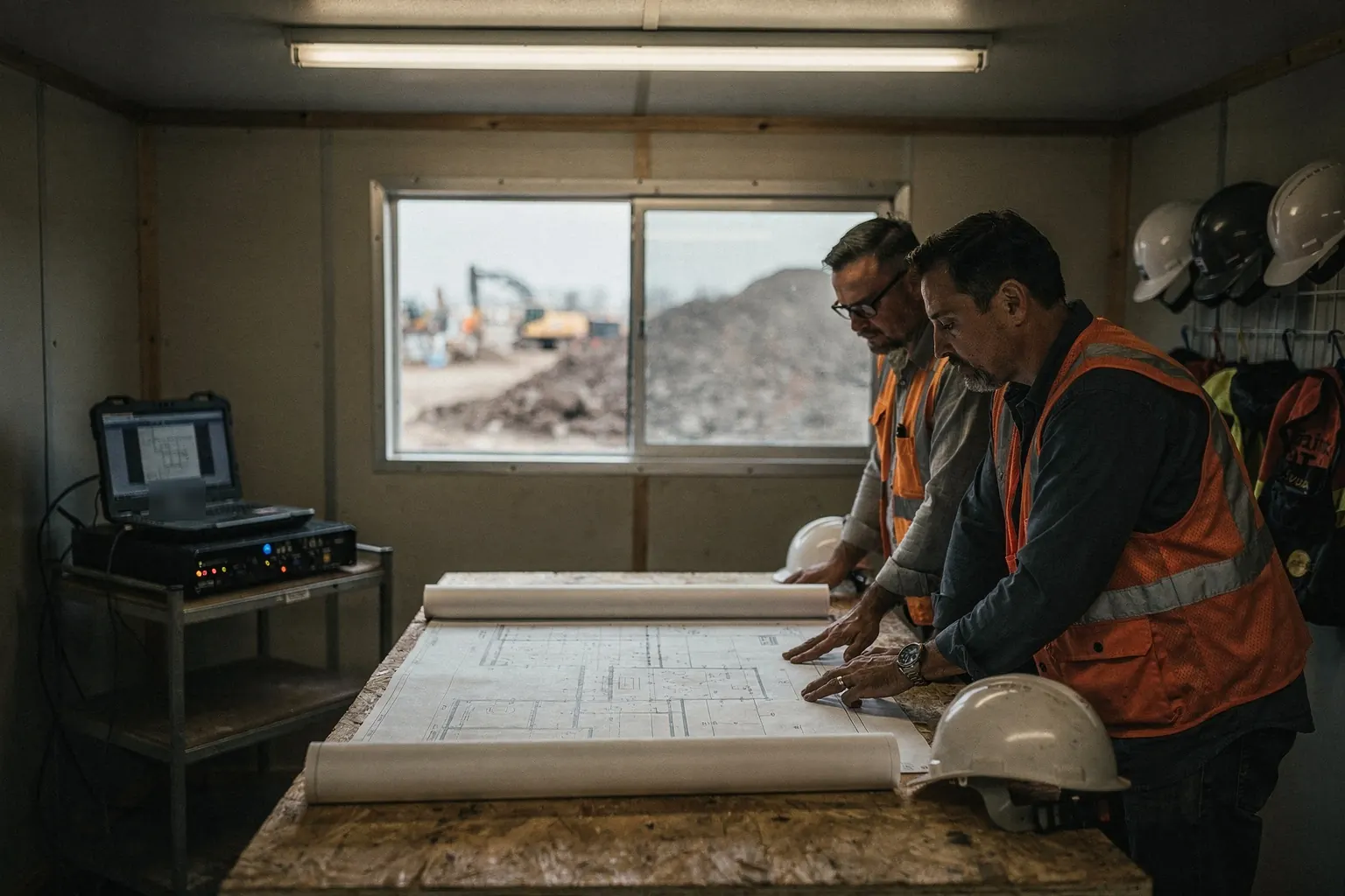 A project manager and foreman reviewing drawings inside a jobsite trailer office