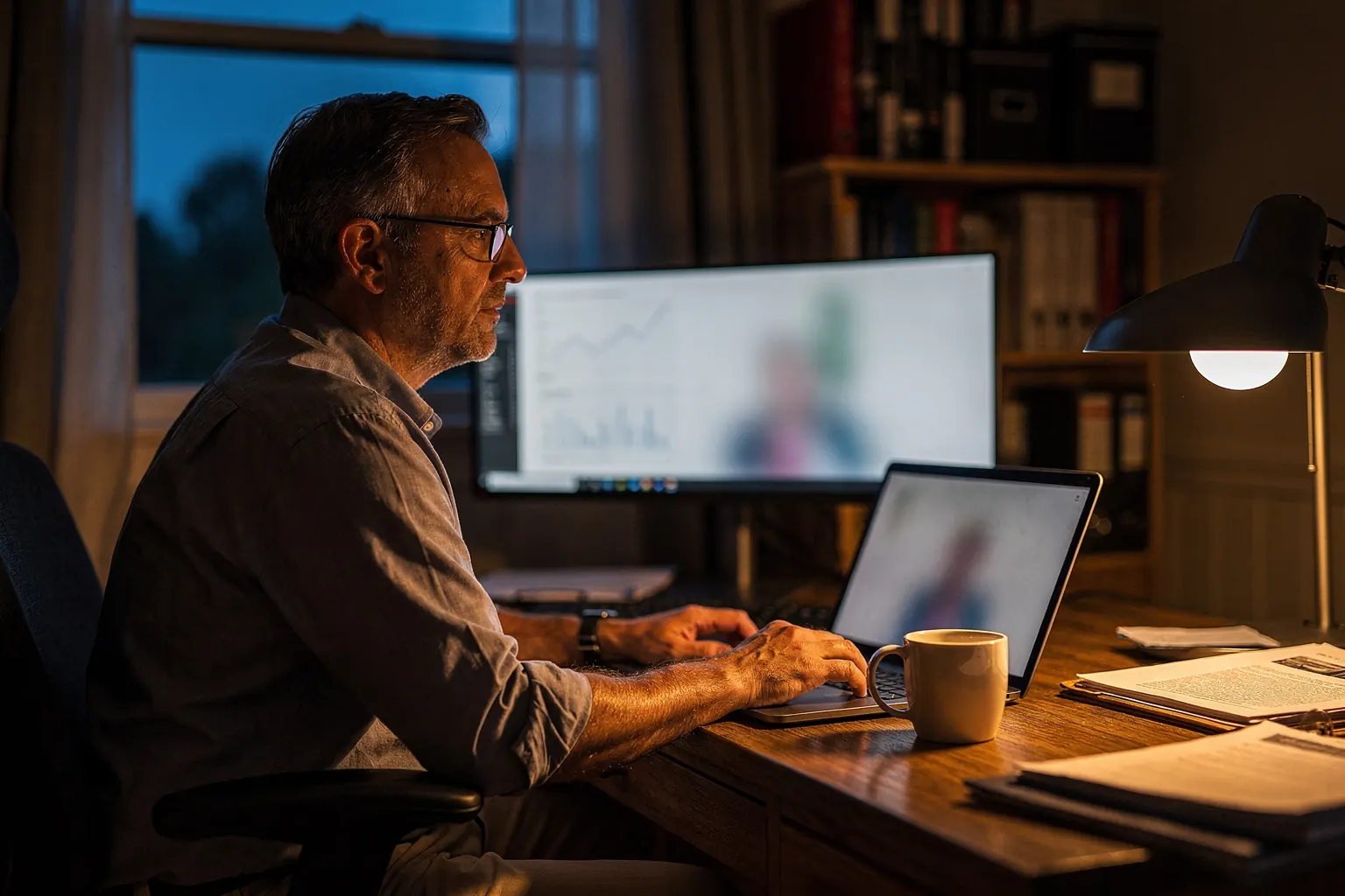 A financial adviser working from a home office in the evening