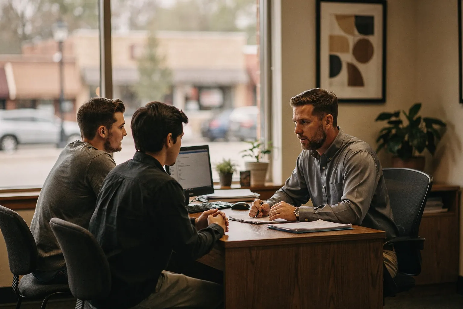 An independent insurance agent meeting with two clients in a small-town agency office