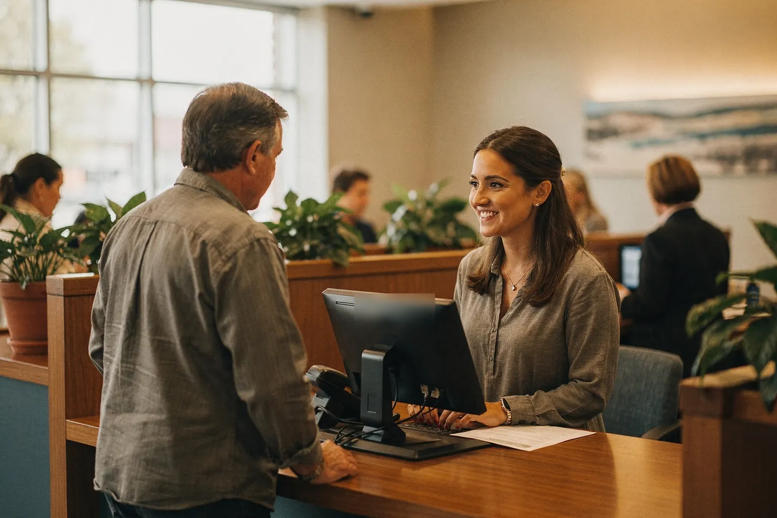 A credit union teller helping a member at an open teller pod