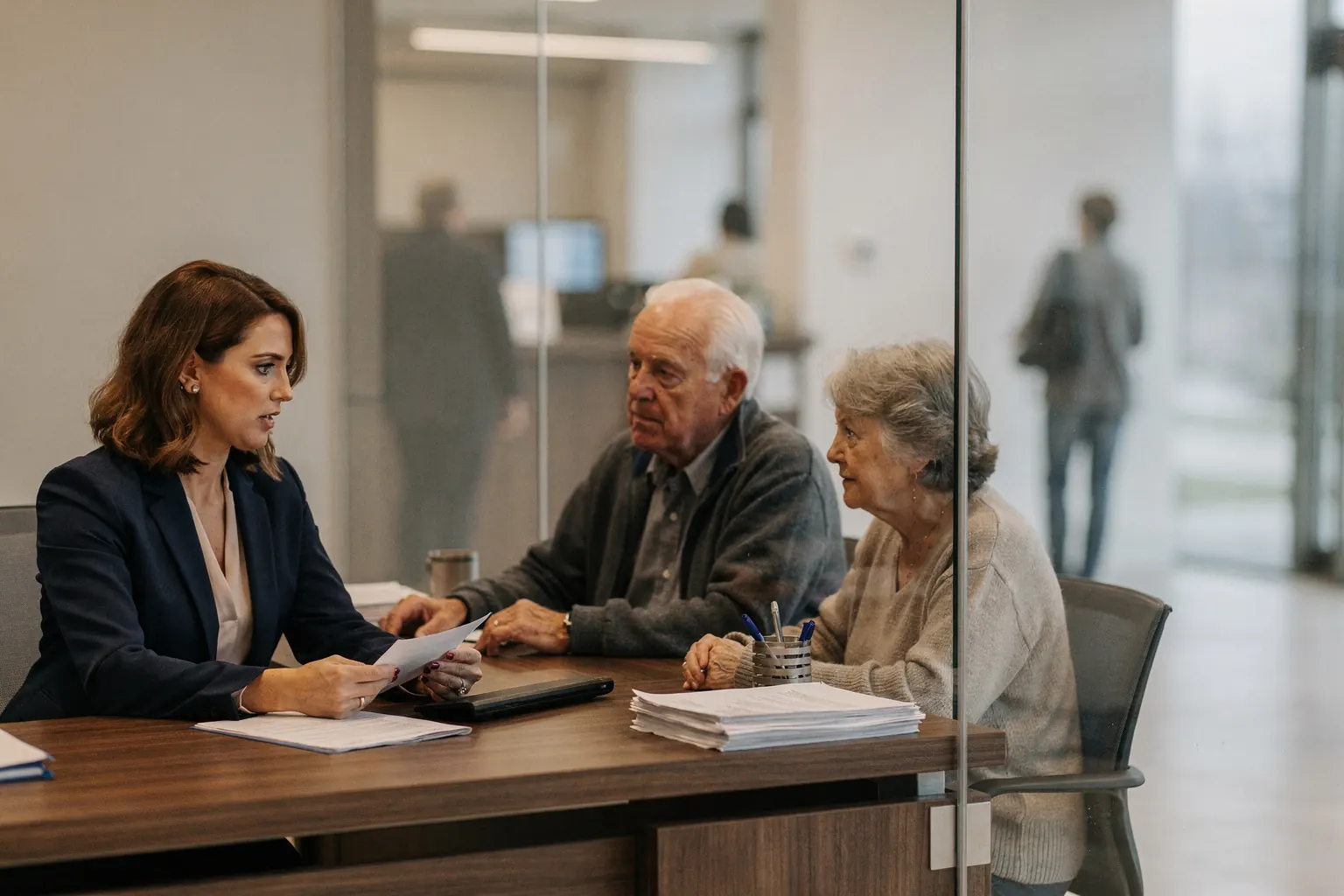 A community banker reviewing paperwork with an older couple in a glass-walled bank office