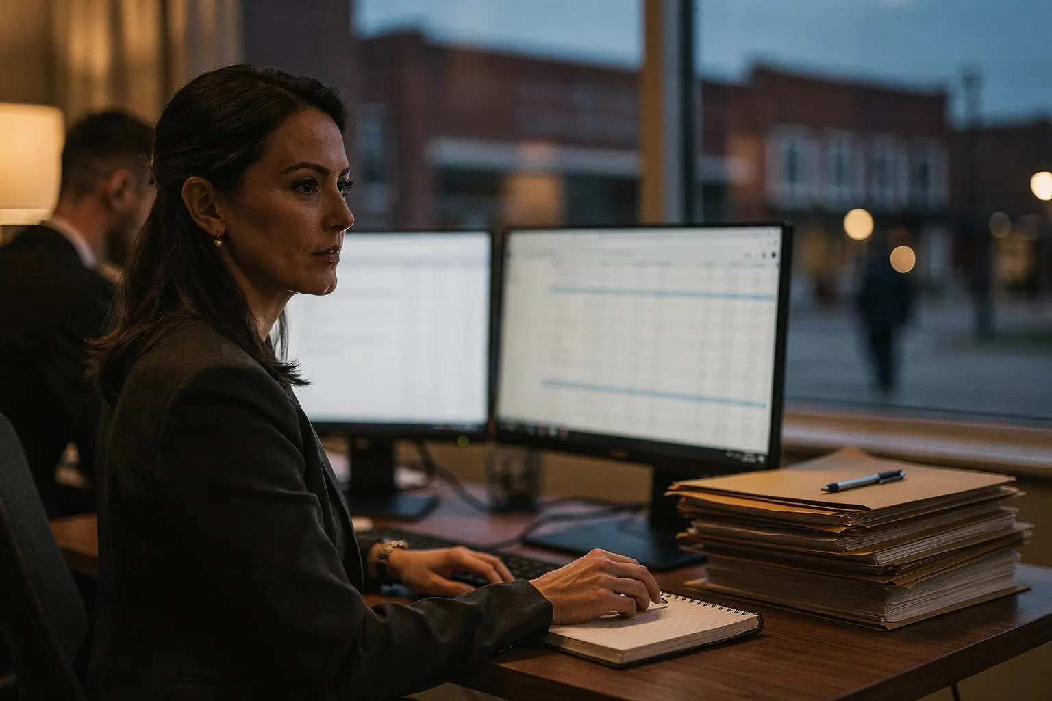 An accountant working late at her desk during tax season with folders and two monitors