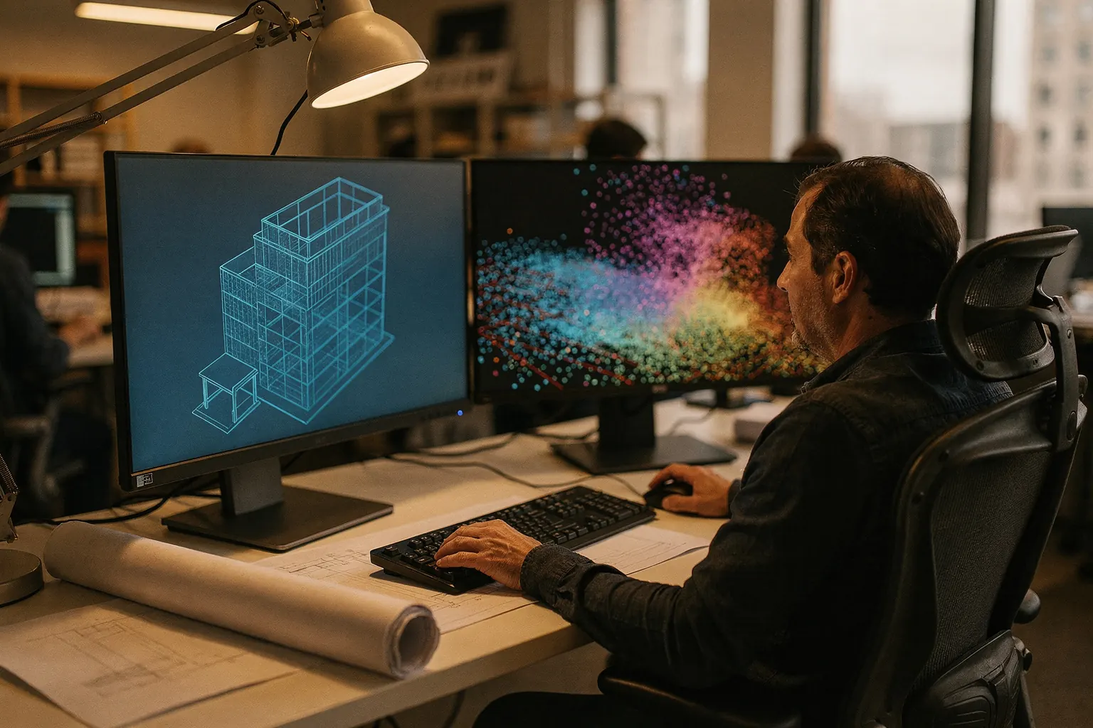 An architect at a design studio workstation with a 3D building model and point cloud scan on two monitors