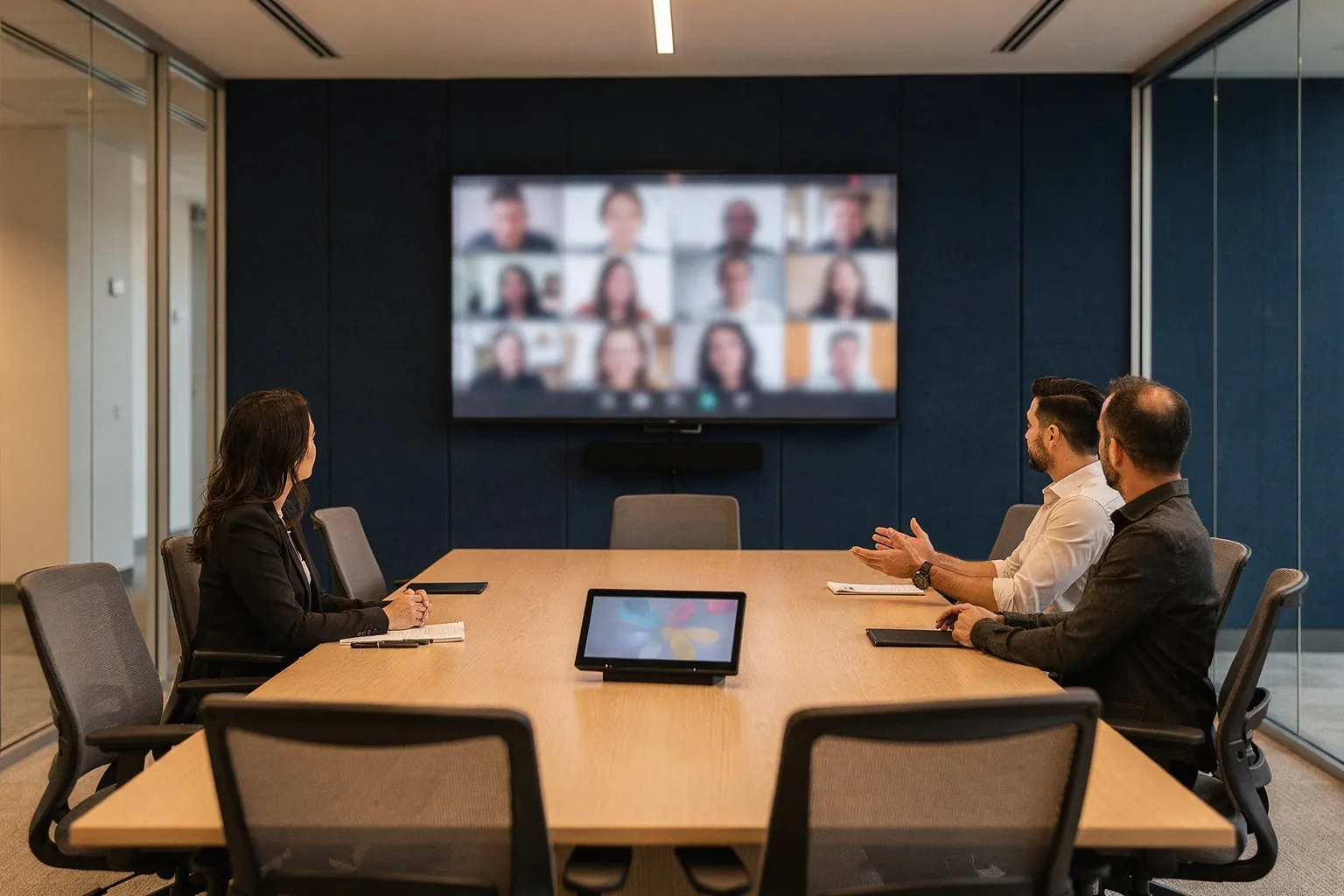 Two people in a conference room on a hybrid video call with remote participants on the wall display