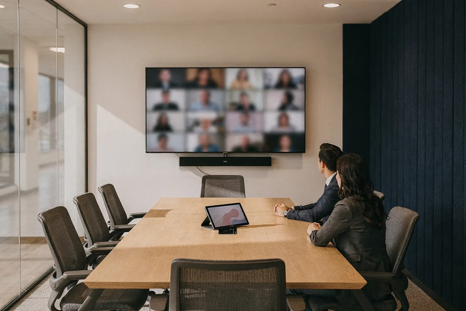 Conference room with a long table, a touch console and a display showing remote participants